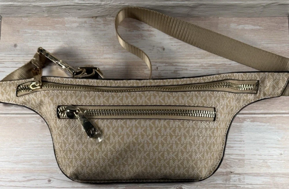 Michael Kors Tan & Gold Signature Belt Waist Fanny Pack Crossbody Bag Purse